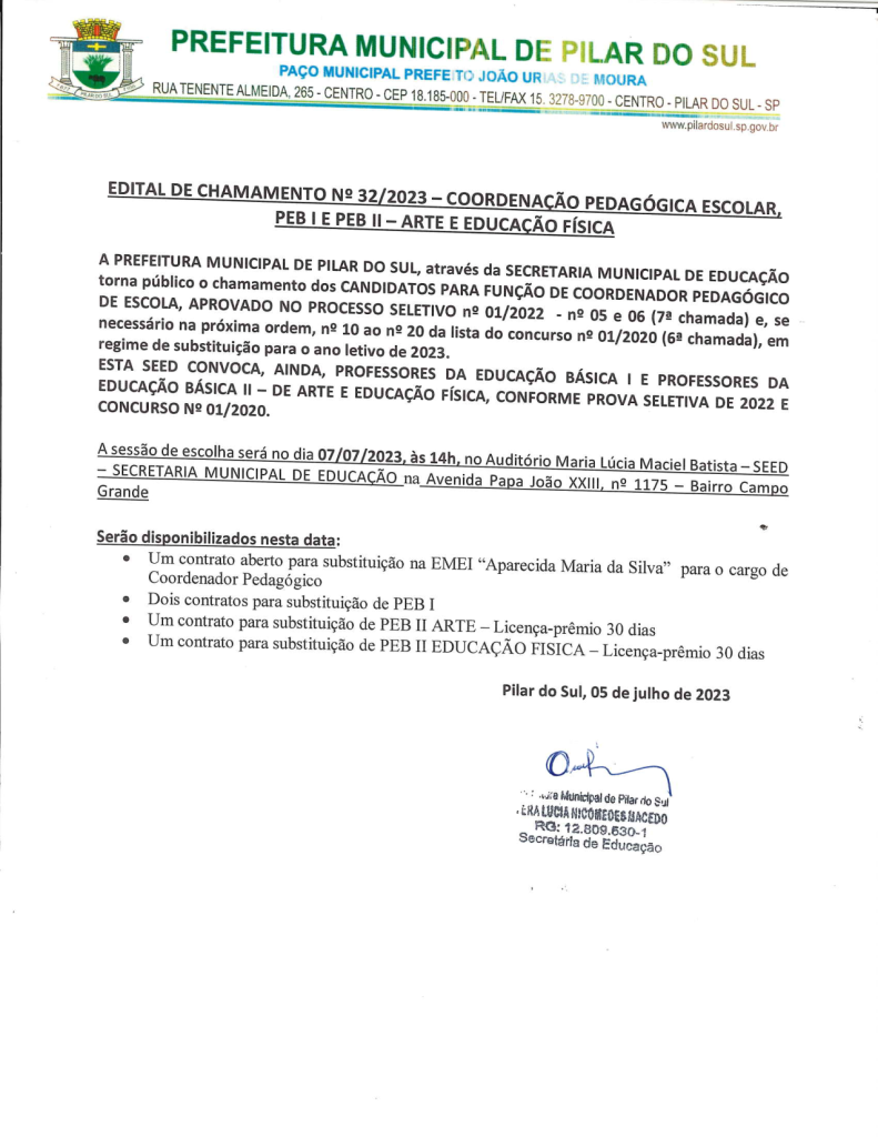 Notícia EDITAL DE CHAMAMENTO Nº 32 2023 Prefeitura Municipal de